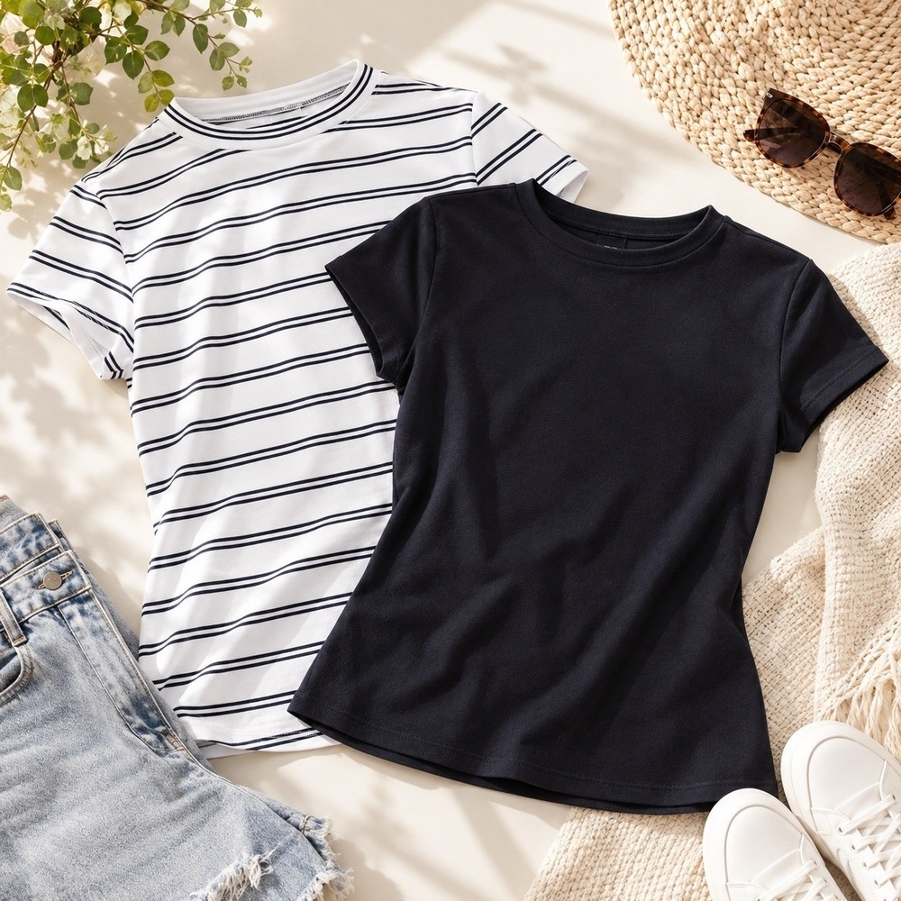 Free Assembly Womens 2-Pack Cap Sleeve Ribbed Tees Navy White Striped Lg 12-14